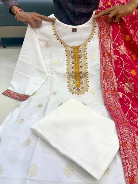 White Kanjivaram Silk 3-Piece Kurta with Dupatta and Hand Embroidery Work Embroidery Kurtis 