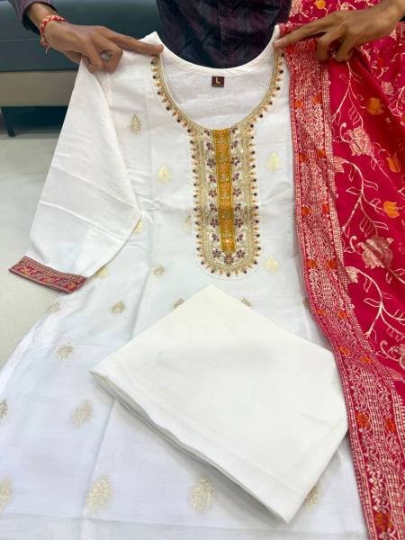 White Kanjivaram Silk 3-Piece Kurta with Dupatta and Hand Embroidery Work Embroidery Kurtis 