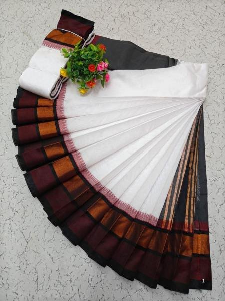 White Kerala Saree with Kottanji Korvai Border   Contrast Blouse At Wholesale Rates Sarees 