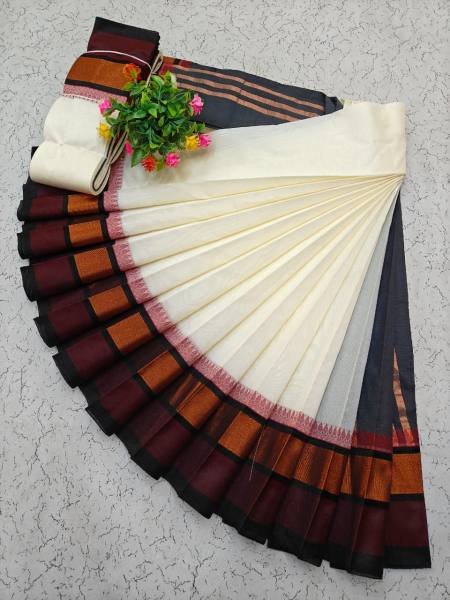 White Kerala Saree with Kottanji Korvai Border   Contrast Blouse At Wholesale Rates Cotton Sarees Wholesale