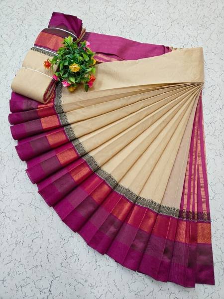 White Kerala Saree with Kottanji Korvai Border   Contrast Blouse At Wholesale Rates Cotton Sarees Wholesale