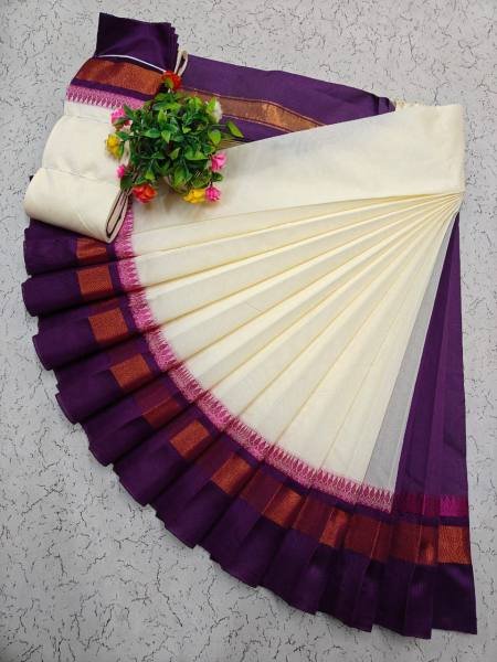 White Kerala Saree with Kottanji Korvai Border   Contrast Blouse At Wholesale Rates Cotton Sarees Wholesale