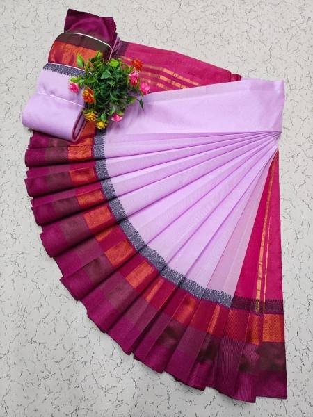 White Kerala Saree with Kottanji Korvai Border   Contrast Blouse At Wholesale Rates Cotton Sarees Wholesale