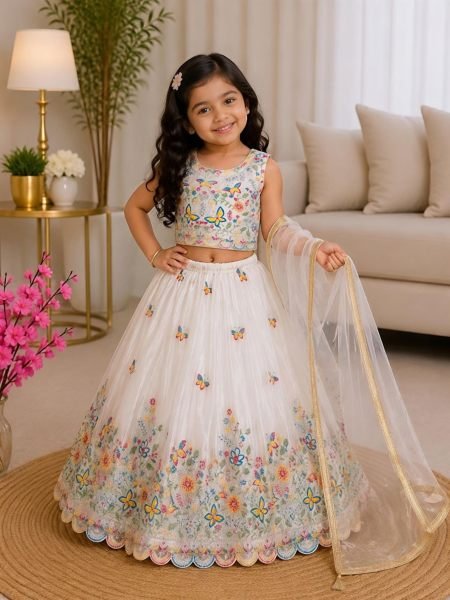 White Kids Party Wear Chinon Silk Lehenga Choli with Sequin Work For Wedding Kurtis