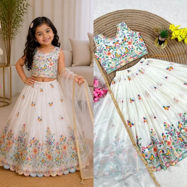 White Kids Party Wear Chinon Silk Lehenga Choli with Sequin Work For Wedding Girls Wear