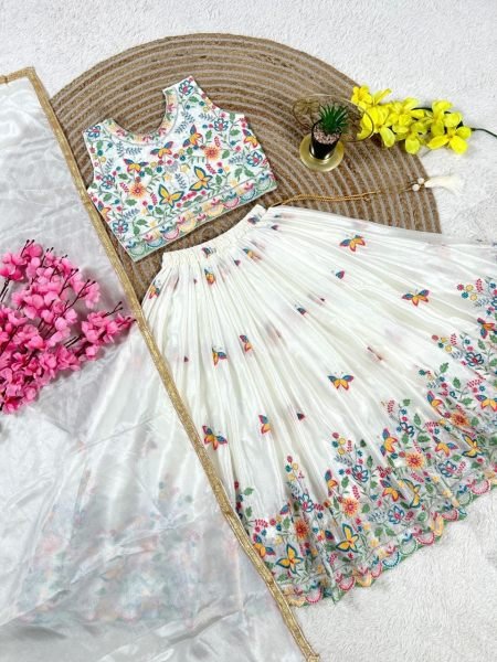 White Kids Party Wear Chinon Silk Lehenga Choli with Sequin Work For Wedding Girls Wear