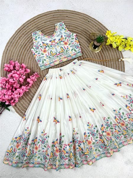White Kids Party Wear Chinon Silk Lehenga Choli with Sequin Work For Wedding Girls Wear