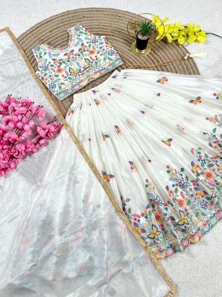 White Kids Party Wear Chinon Silk Lehenga Choli with Sequin Work For Wedding Girls Wear