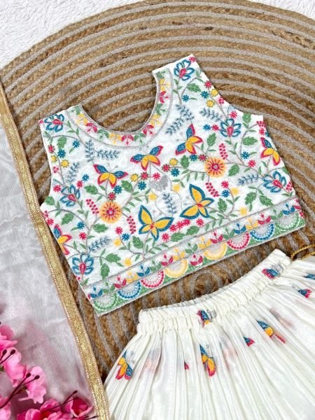 White Kids Party Wear Chinon Silk Lehenga Choli with Sequin Work For Wedding Girls Wear