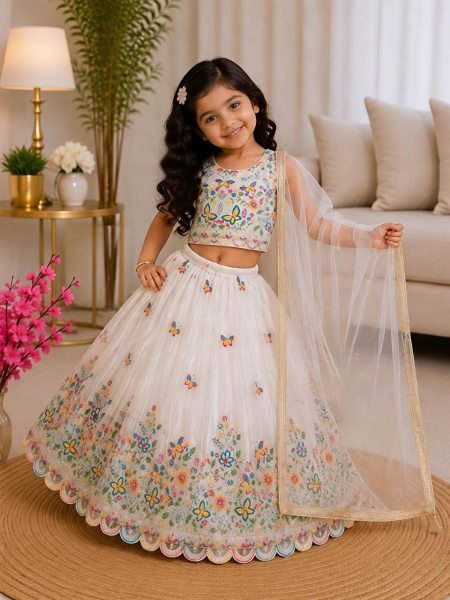 White Kids Party Wear Chinon Silk Lehenga Choli with Sequin Work For Wedding Girls Wear