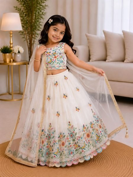 White Kids Party Wear Chinon Silk Lehenga Choli with Sequin Work For Wedding Girls Wear