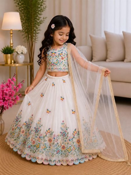 White Kids Party Wear Chinon Silk Lehenga Choli with Sequin Work For Wedding Girls Wear