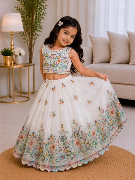 White Kids Party Wear Chinon Silk Lehenga Choli with Sequin Work For Wedding Girls Wear