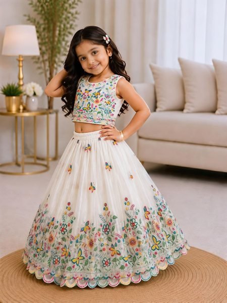 White Kids Party Wear Chinon Silk Lehenga Choli with Sequin Work For Wedding Girls Wear