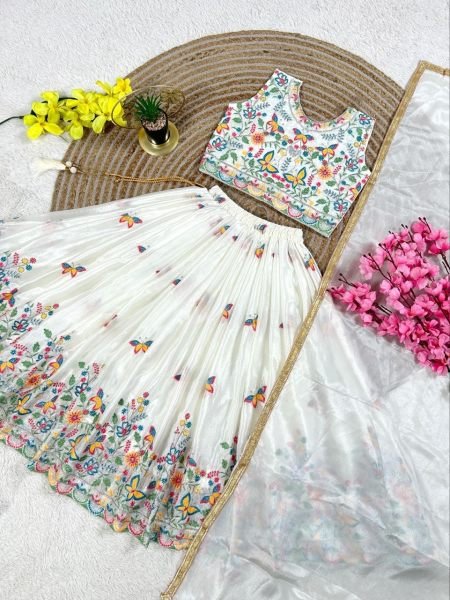 White Kids Party Wear Chinon Silk Lehenga Choli with Sequin Work For Wedding Girls Wear
