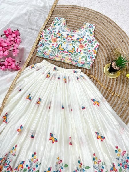 White Kids Party Wear Chinon Silk Lehenga Choli with Sequin Work For Wedding Girls Wear