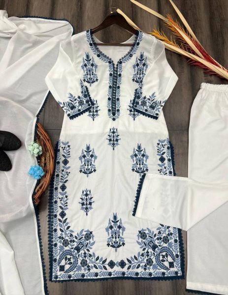 White Kurti Set With Cotton Embroidered Work   3 Piece Kurti Set