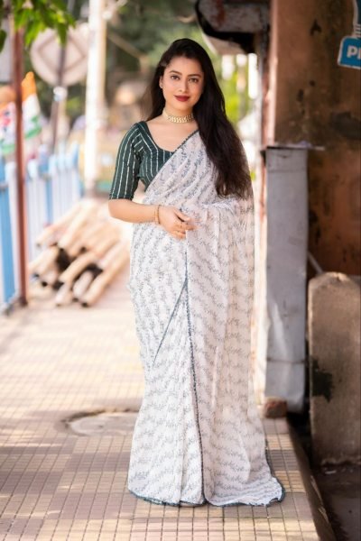 White Leheriya Printed Georgette Saree  Georgette Sarees Wholesale
