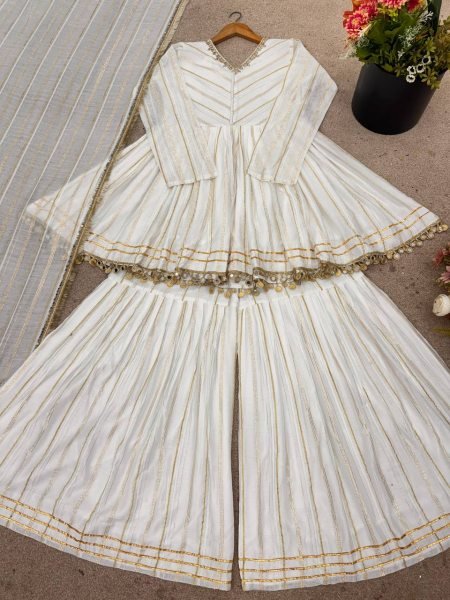 White Mal Chanderi Sharara Set Designer Mirror Work Outfit for Bulk Export Ready To Wear Collection