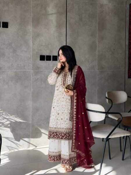 White Maroon Eid Special Heavy Faux Georgette Embroidered Palazzo Suit Set for Festival 