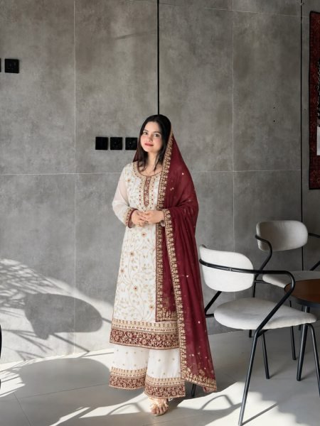 White Maroon Eid Special Heavy Faux Georgette Embroidered Palazzo Suit Set for Festival Ready To Wear Collection