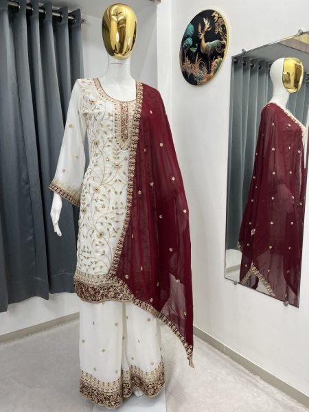White Maroon Eid Special Heavy Faux Georgette Embroidered Palazzo Suit Set for Festival Ready To Wear Collection