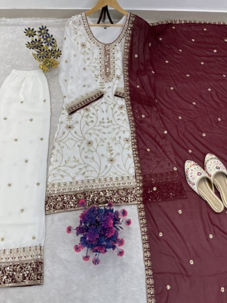 White Maroon Eid Special Heavy Faux Georgette Embroidered Palazzo Suit Set for Festival Ready To Wear Collection