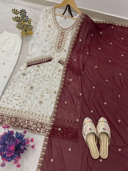 White Maroon Eid Special Heavy Faux Georgette Embroidered Palazzo Suit Set for Festival Ready To Wear Collection