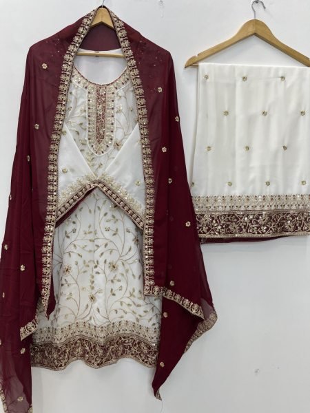 White Maroon Eid Special Heavy Faux Georgette Embroidered Palazzo Suit Set for Festival Ready To Wear Collection