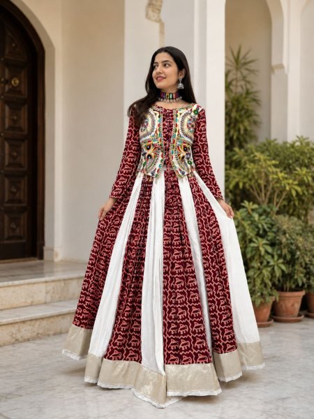 White Maroon Navratri Pure Cotton Lehenga Choli with Gamthi Work for Garba Nights  Lehenga