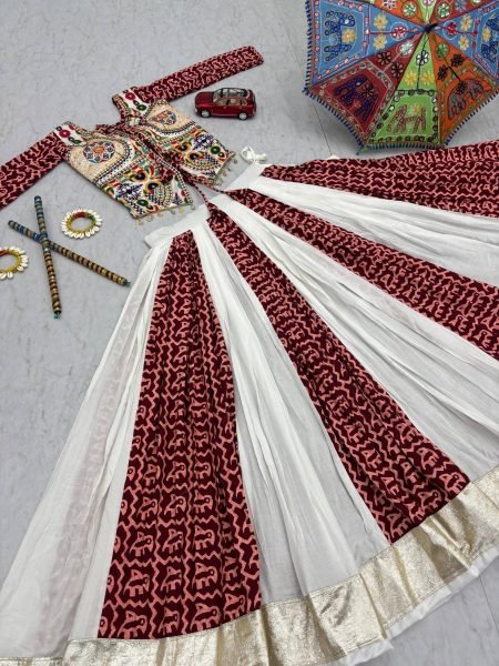 White Maroon Navratri Pure Cotton Lehenga Choli with Gamthi Work for Garba Nights Navratri Lehnega Choli