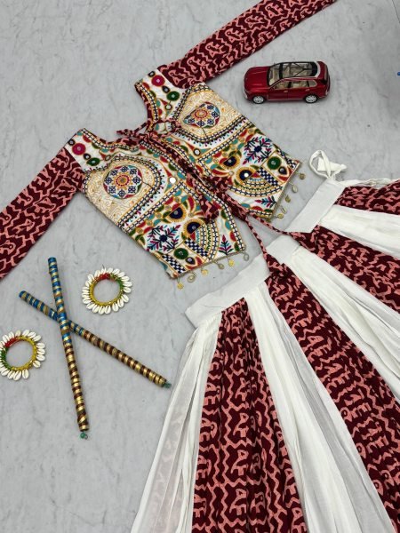 White Maroon Navratri Pure Cotton Lehenga Choli with Gamthi Work for Garba Nights Navratri Lehnega Choli