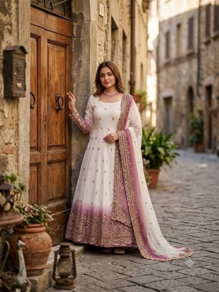 White Mauve Star Georgette Gown Pant Dupatta Set with Sequin Embroidery Work For Festival 