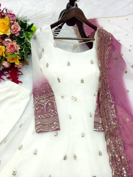 White Mauve Star Georgette Gown Pant Dupatta Set with Sequin Embroidery Work For Festival Ready To Wear Collection