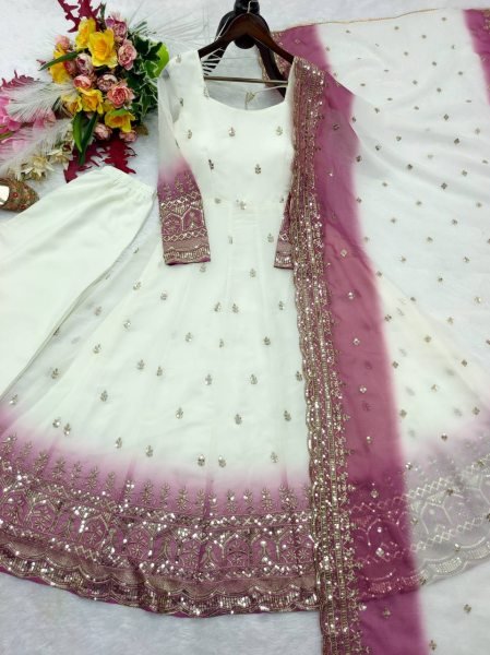 White Mauve Star Georgette Gown Pant Dupatta Set with Sequin Embroidery Work For Festival Ready To Wear Collection