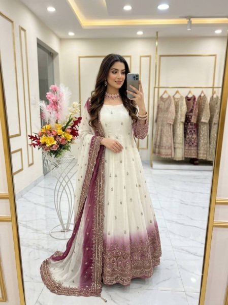 White Mauve Star Georgette Gown Pant Dupatta Set with Sequin Embroidery Work For Festival Ready To Wear Collection