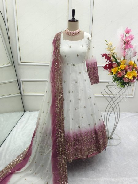 White Mauve Star Georgette Gown Pant Dupatta Set with Sequin Embroidery Work For Festival Ready To Wear Collection