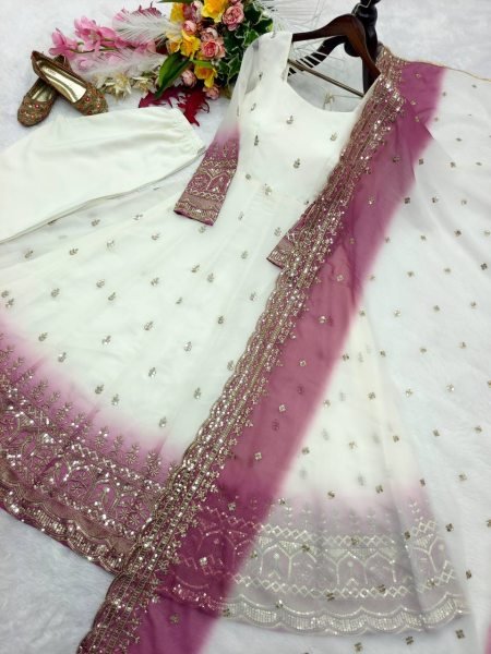 White Mauve Star Georgette Gown Pant Dupatta Set with Sequin Embroidery Work For Festival Ready To Wear Collection