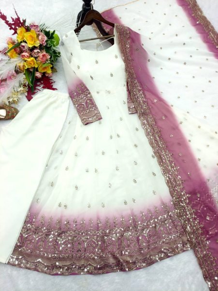 White Mauve Star Georgette Gown Pant Dupatta Set with Sequin Embroidery Work For Festival Ready To Wear Collection