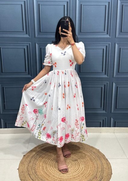 White Muslin Cotton Printed Frock with Puff Sleeves Elegant Everyday Style Cotton Kurtis Wholesale