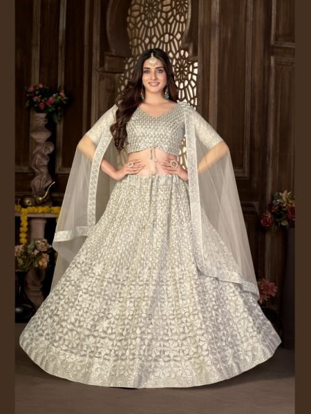 White Net With Embroidery Work Lehenga Choli 