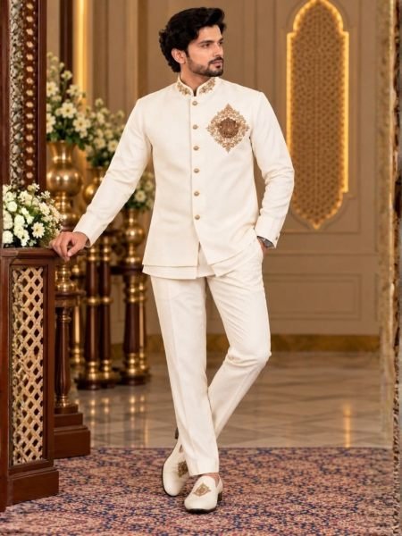 White Royal Look Linen Koti Shirt and Polo Pant Set for Men at Wholesale Rate  