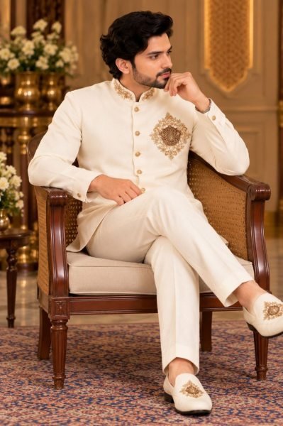White Royal Look Linen Koti Shirt and Polo Pant Set for Men at Wholesale Rate  Mens Shirt