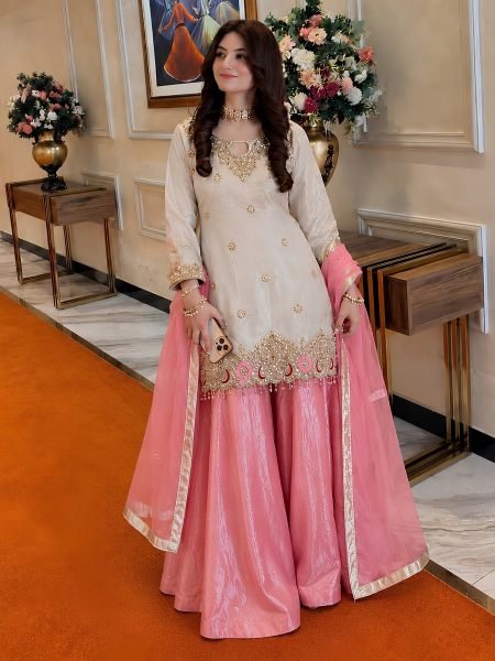 White Pink Fendy Silk Embroidered Kurti Flared Palazzo with Organza Dupatta For Wedding Ready To Wear Suit