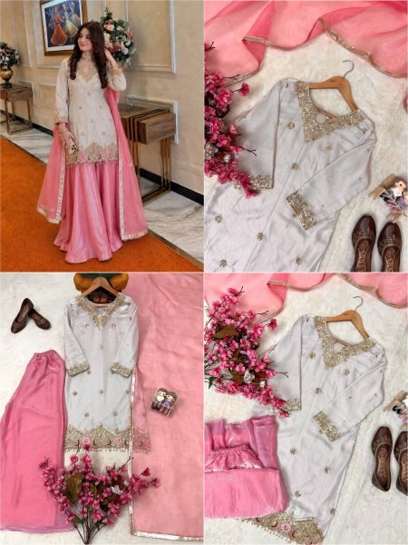 White Pink Fendy Silk Embroidered Kurti Flared Palazzo with Organza Dupatta For Wedding Ready To Wear Collection