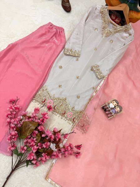 White Pink Fendy Silk Embroidered Kurti Flared Palazzo with Organza Dupatta For Wedding Ready To Wear Collection