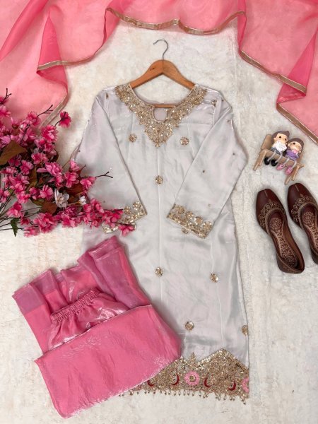 White Pink Fendy Silk Embroidered Kurti Flared Palazzo with Organza Dupatta For Wedding Ready To Wear Collection