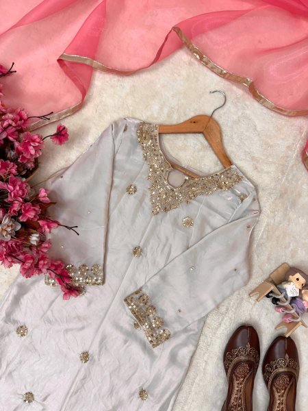 White Pink Fendy Silk Embroidered Kurti Flared Palazzo with Organza Dupatta For Wedding Ready To Wear Collection