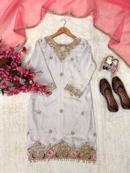 White Pink Fendy Silk Embroidered Kurti Flared Palazzo with Organza Dupatta For Wedding Ready To Wear Collection