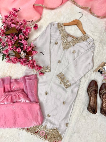 White Pink Fendy Silk Embroidered Kurti Flared Palazzo with Organza Dupatta For Wedding Ready To Wear Collection
